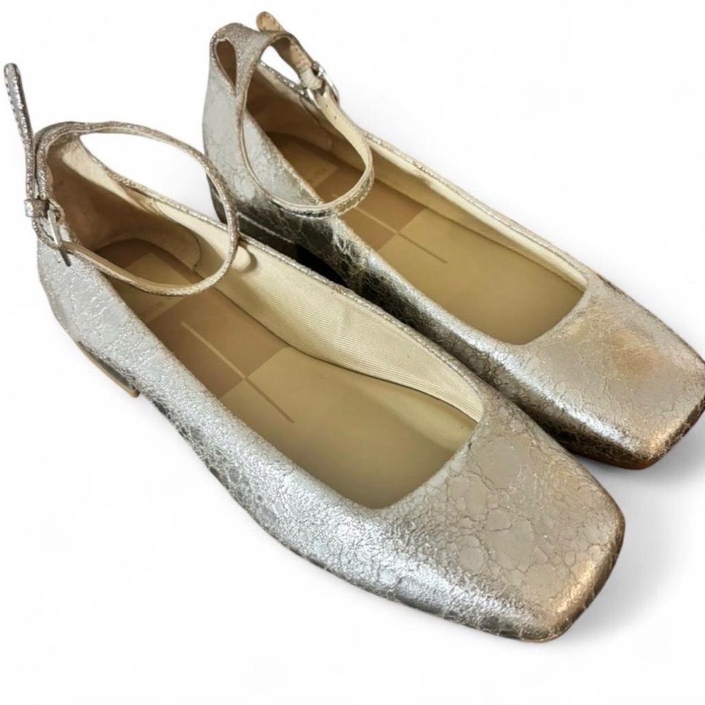 Dolce Vita Metallic Silver Square-Toe Ankle Strap Flats